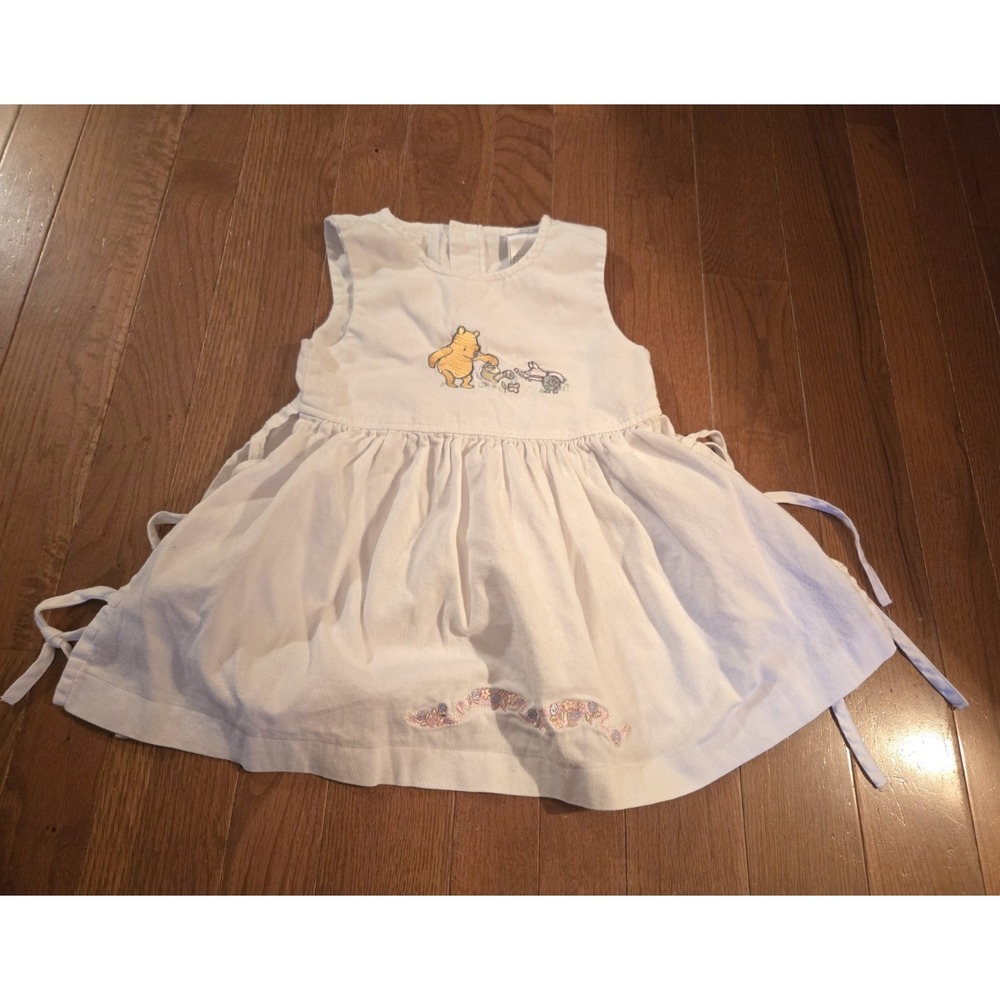 VTG Disney Store Classic Pooh Jumper Dress Side Tie Baby Girl 4T Cotton